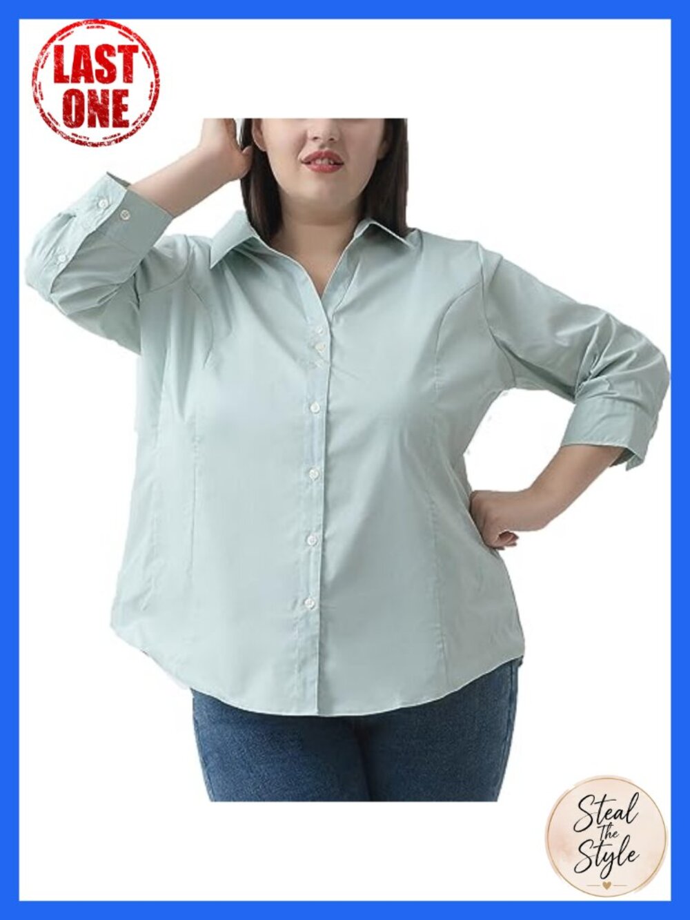 Plus Size Women 3/4 Sleeve Button Down Shirt Stretch V Neck Blouse